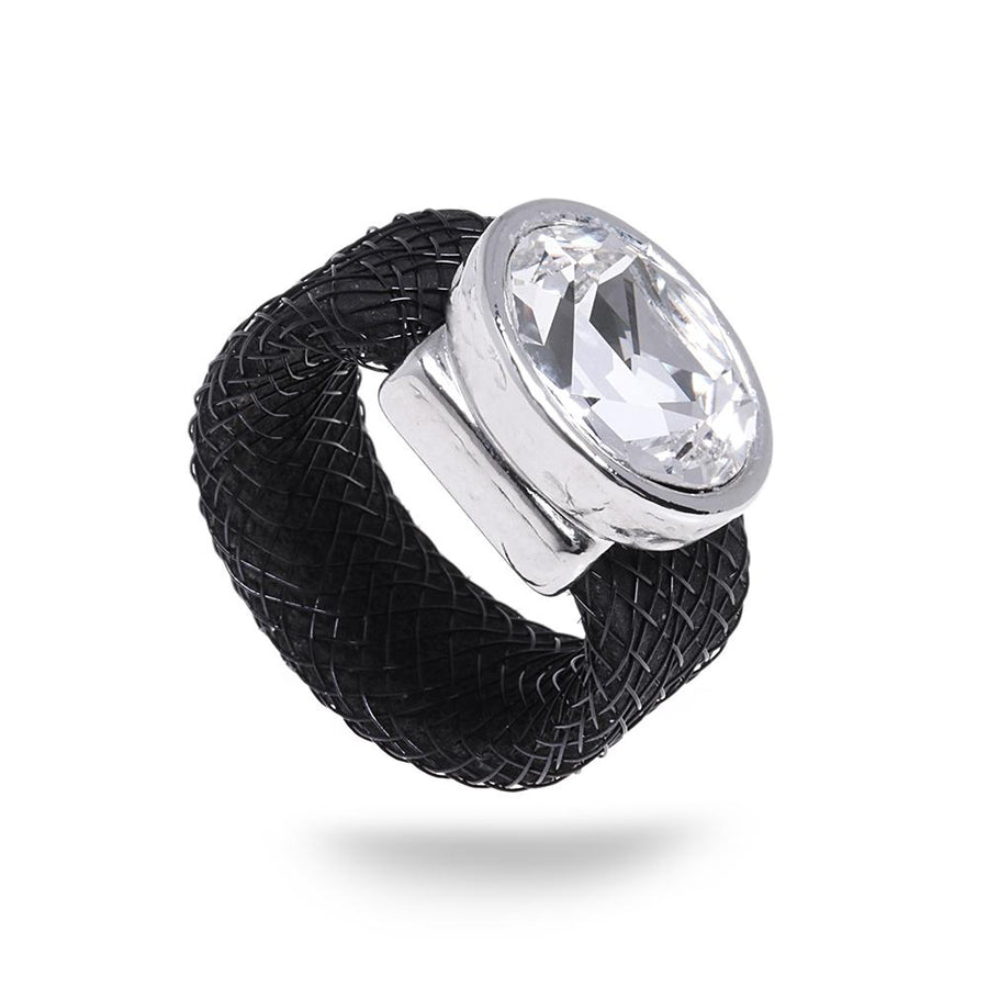 טבעת עור ורשת - קריסטל שקוף - סי סמדר אליאסף מעצבת תכשיטים בעבודת יד